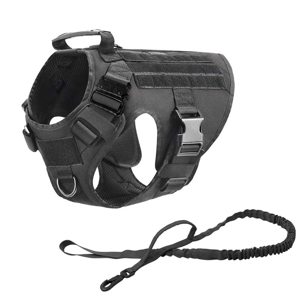 Zwart tactical hondentuig met MOLLE-paneel en bijpassende bungee riem van ReconPaws