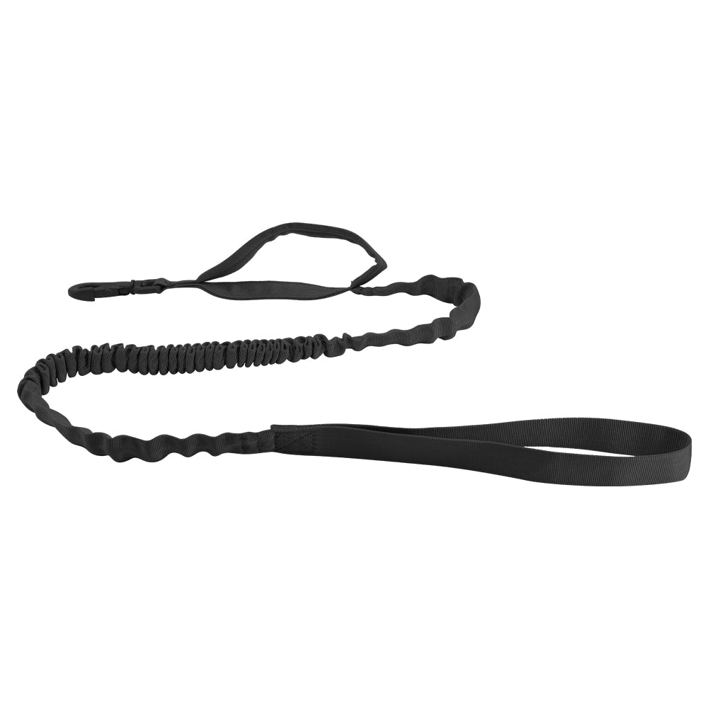 Zwarte bungee riem met schokdempend elastisch middenstuk en metalen karabijnhaak