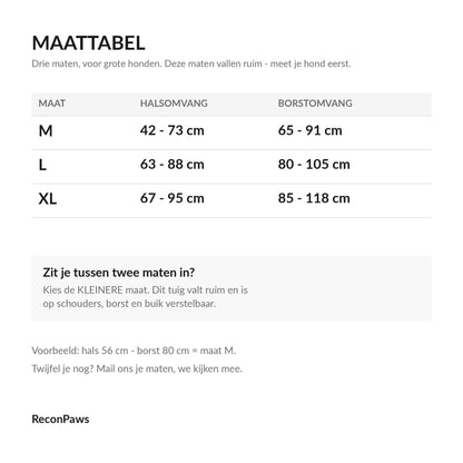 Maattabel ReconPaws tactical hondentuig: hals- en borstomvang voor maat M, L en XL